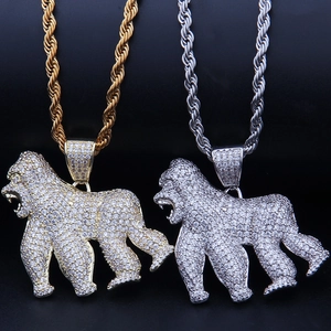 Pendentifs gorille hip hop en or et argent avec cristaux étincelants micro-pavés