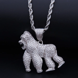 Macro de pendentif gorille argenté avec zircon blanc et chaîne corde style hip hop