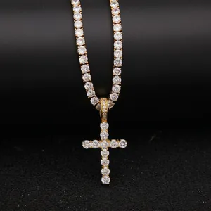 Iced out gold cross pendant with matching tennis chain for men hip hop jewelry