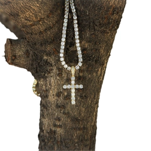 Men's hip hop gold-toned cross pendant with sparkling zircon stones on tennis chain