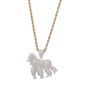Collier pendentif gorille hip hop plaqué or 14K serti de pierres de zircone scintillantes
