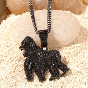 Collier Pendentif Gorille Rugissant Hip Hop pour Hommes Femmes Iced Out Zirconia Collier Animal Plaqué Or 14K Bijoux en Cuivre Cadeau