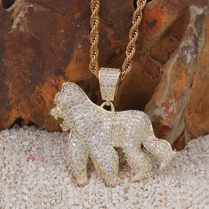 Pendentif gorille hip hop avec zircone blanche et chaîne torsadée plaquée or 14K