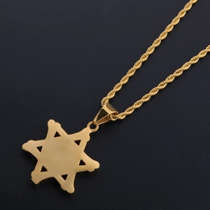 Collana con ciondolo Stella di David dorata con occhio di strass e catena a corda su nero
