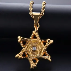 Collana con Pendente Esagramma Occhio della Provvidenza Oro Acciaio Inossidabile Punk Hip Hop Gotico Gioielli Strass Unisex