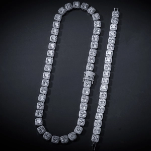 Close-up of iced-out silver hip-hop chain and bracelet set with square cubic zirconia