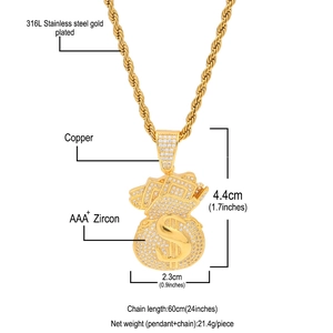 Hip hop gouden geldzak hanger ketting met AAA+ zirkonia en 60cm roestvrijstalen ketting