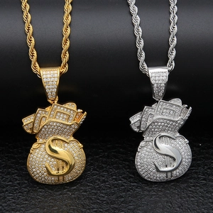 Hip-hop geldzak hangers met zirkonia stenen in goud en zilver afwerking