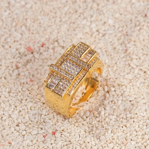 Adjustable gold geometric zircon ring with stacked rectangular design for men and women