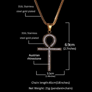 Collier croix Ankh en acier inoxydable doré orné de strass autrichiens étincelants