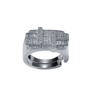 Macro detail of silver adjustable ring featuring a crisscross design with pavé set zircons