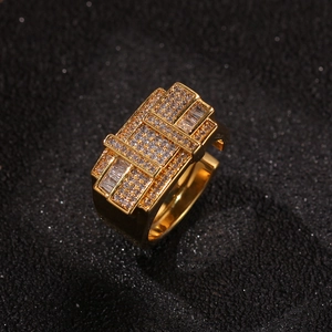 Detail of hip hop men's gold ring with rectangular triple-layer cubic zirconia inlay