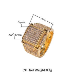 Hip hop style square gold copper ring with AAA+ cubic zirconia in a 45-degree angle view