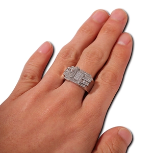 Men's hip-hop wide silver ring with geometric zircon stones and adjustable band