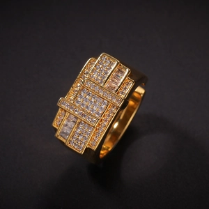 Hiphop gold plated ring with square layered pavé zircon crystals in a geometric design