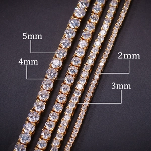 Hip hop tennis bracelets in 2mm to 5mm sizes with round cubic zirconia and gold finish