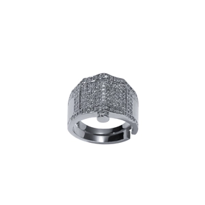 Detailed view of silver hip hop ring featuring pavé zircons and adjustable band