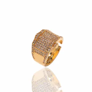 Hip Hop Iced Out Copper Zirconia Ring For Men Cool Street Rap Performance Adjustable Geometric Square Gold Silver Jewelry Finger Ring