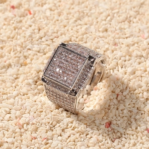 Hip hop style silver tone square ring for men featuring iced out micro paved cubic zirconia