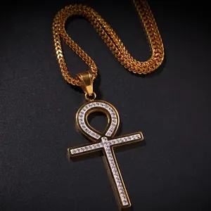 Collier Croix Ankh en Acier Inoxydable Plaqué Or Zircone Symbole de Vie Égyptienne Hip Hop Streetwear Bijoux Unisexe
