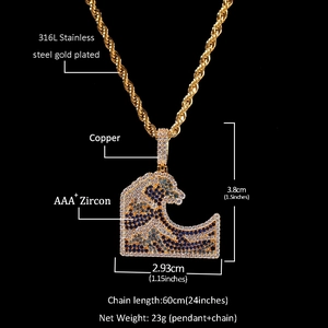 Hokusai Great Wave pendant in gold plated steel with blue cubic zirconia stones