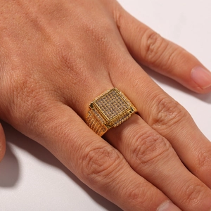 Men's hip hop gold square ring iced out with sparkling cubic zirconia pavé setting