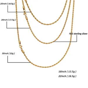 Collier chaîne de corde dorée en argent sterling 925 pour hommes en plusieurs tailles