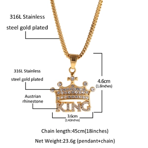 Hip hop 316L gold plated stainless steel crown KING pendant necklace with Austrian rhinestones