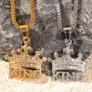 Hip hop crown KING necklace pendant in gold and silver finish with rhinestones