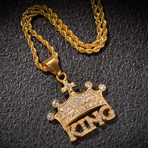 Hip hop style gold crown KING pendant necklace with rhinestones on a rope chain