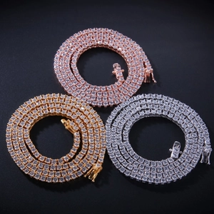 Close-up of 3mm tennis chains in rose gold, gold, and silver finishes with clear zircons