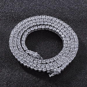 Detail of 3mm silver tennis chain with round-cut cubic zirconia stones and a secure clasp
