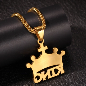 Hip hop style gold crown KING pendant necklace with rhinestones and thick link chain