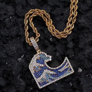 Iced Out Great Wave Pendant Necklace Colorful Zirconia Pave Copper Stainless Steel Rope Chain Hip Hop Jewelry Unisex Gift