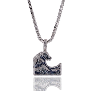 Great Wave off Kanagawa hip hop pendant with blue and white pavé cubic zirconia