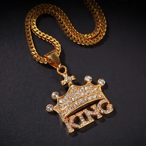 Hip Hop King Crown Pendant Necklace Stainless Steel Inlaid White Rhinestone Gold Silver Color Street Style Jewelry For Men Women