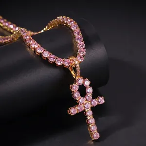 Hip Hop Kupfer Rosa Zirkon Ankh Kreuz Anhänger Halskette Gold Silber Galvanisiert Tenniskette Für Damen Herren Schmuck