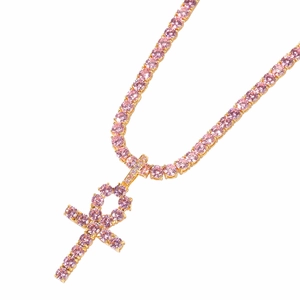 Iced Out Ankh Kreuz Anhänger mit rosa Zirkonia und goldener Hip-Hop Tennis-Kette