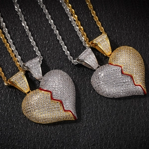 Collana coppia cuore spezzato magnetico con zirconi cubici in oro e argento hip hop