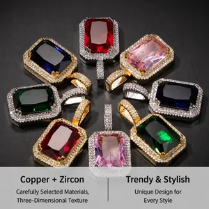 Vue macro de pendentifs hip hop carrés en cuivre et zircon avec style serti de pierres