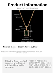 Détail du pendentif zircon vert coupe émeraude et chaîne corde en acier inoxydable