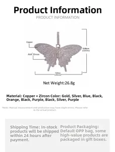 Hip hop vlinder hanger details met AAA+ zirkoon afmetingen en koperen basis informatie