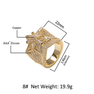 Hip-Hop-Sternring aus Messing mit AAA+ Zirkonia-Steinen, 22 mm breit und 2,45 cm hoch