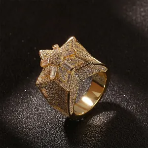 Hip Hop Iced Out Stern Ring Kupfer AAA Zirkon Eingelegt Fünfzackiger Stern Fingerring Für Herren Damen Party Streetwear Schmuck