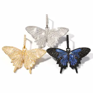 Hiphop Zirkoon Vlinder Hanger Halsketting Luxe Iced Out Koperen Sieraden Met Roestvrijstalen Cubaanse Torsieketting Unisex