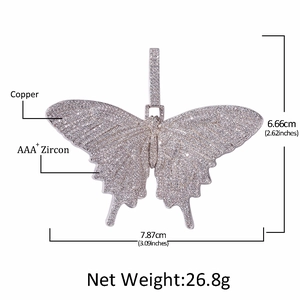 Hip hop vlinder hanger ketting met AAA+ zirkonia stenen in gepolijst koperen metaal