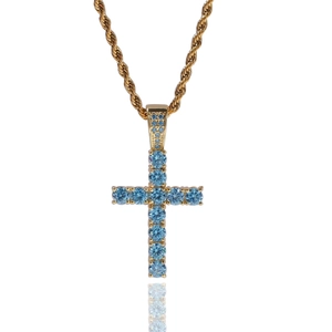 Collana con pendente a croce hip-hop con pietre di zircone blu su catena a corda dorata