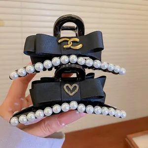 Pince à Cheveux Élégante Nœud en Satin Noir Avec Fausses Künstliche Perles Pince Requin Coeur Strass Pour Femmes Accessoires Coiffure