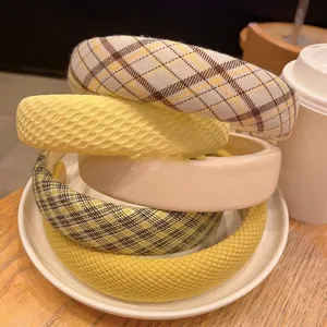 Set of thick sponge headbands in yellow plaid and solid colors for high skull top hair styling