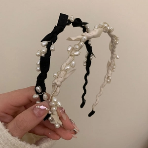 French Vintage Bow Headband Faux Artificial Pearl Ribbon Hair Hoop Elegant Sweet Hair Accessories For Women Party Daily Hairband